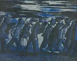 Peter Clarke, Blue Monday, woodcut on onion skin paper