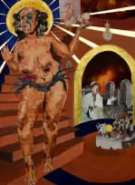 Keabetswe Seema, I'd Rather Crucify My Flesh Than Eat Your Bread, 2024, oil-based monoprint, gold leaf, acrylic and collage on Fabriano