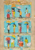 Thonton Kabeya, Tablet Series IX, walnut powder, chalk paint and newspaper ink transferred on sculpting canvas
