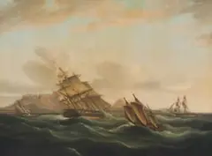 Thomas Buttersworth, Four Ships in Table Bay, Cape of Good Hope, oil on canvas