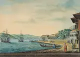 Luigi Mayer, Veduta della rada di Buyukdere sul canale di Cospoli con il casino (sic) del Sig. Inviato di Moscovia (View of the Buyukdere Harbour on the Cospoli Canal with the Casino of the Lord Envoy of Muscovy), watercolour and pastel on paper