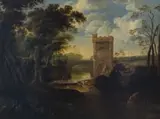 Continental School, 18th Century, Tower, Cattle and Figures Alongside a River, oil on canvas