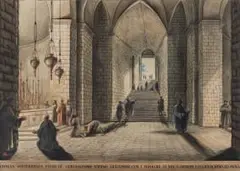 Luigi Mayer, Chiesa sotterranea fuori di Gerusalemme vicino Getzemani con i sepolcri di M, V; S. Giuseppe, E, SS, Giovachino, ed Anna (Underground Church Outside Jerusalem Near Gethsemane with the Tombs of M, V; S, watercolour and chalk on paper