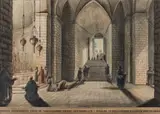 Luigi Mayer, Chiesa sotterranea fuori di Gerusalemme vicino Getzemani con i sepolcri di M, V; S. Giuseppe, E, SS, Giovachino, ed Anna (Underground Church Outside Jerusalem Near Gethsemane with the Tombs of M, V; S, watercolour and chalk on paper