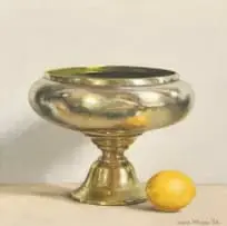 Diane McLean, Brass Fruit Bowl and Lemon, oil on board