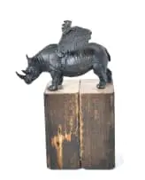 John Moore, Flying Rhino, 2023, cold cast bronze, on a wooden base