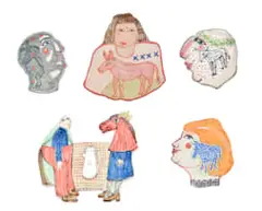Kevin Collins, A Donkey at Dusk; Donkey Dreaming; Desire of a Donkey; Discussing the Donkey; Jenny and Her Jenny, five, 2024, painted and glazed stoneware ceramic