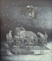 Stephen Rosin, Safely Passed Slumber and into the Realm of Dreams (Reason Sleeps On), 2024, bullet lead, ink, gouache, and coloured pencil on found map