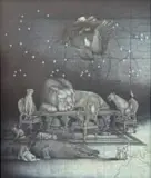 Stephen Rosin, Safely Passed Slumber and into the Realm of Dreams (Reason Sleeps On), 2024, bullet lead, ink, gouache, and coloured pencil on found map
