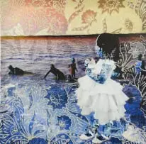 Vanessa Tembane, Além do Horizonte (Beyond the Horizon), 2024, digital collage, crochet yarn and acrylic on canvas