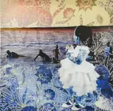 Vanessa Tembane, Além do Horizonte (Beyond the Horizon), 2024, digital collage, crochet yarn and acrylic on canvas