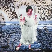 Vanessa Tembane, A Dança da Água (The Water Dance), 2024, digital collage, crochet yarn and acrylic on canvas