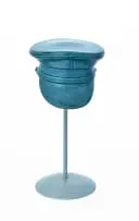 Zach Taljaard, Fragile Little Egos (Captain’s Hat), 2023, glazed porcelain with powder-coated stand