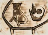 Charles Gassner, Cat on a Table with Fruit, ink and charcoal on paper