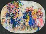 Walter Spitzer, Celebratory Scene with Musicians, oil and collage on paper
