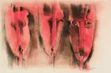 Cecil Skotnes, Three Masks, Red, charcoal and pastel on paper