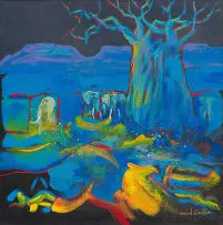 Mark Enslin, Baobab with Elephants, oil on board