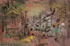 George Enslin, Japanese Street Scene, mixed media on paper