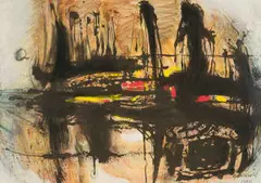Abstract with Red and Yellow by Armando Baldinelli, mixed media on paper, offered Oct 2024