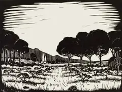 Landscape with Trees by David Botha, linocut on paper, offered Oct 2024