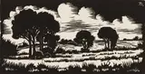 David Botha, Landscape with Trees, linocut on paper