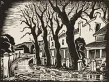 David Botha, Street Scene with Houses and Trees, linocut on paper