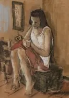 Douglas Portway, Woman Stitching, watercolour on paper laid down on card