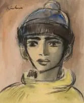 Carl Büchner, Young Man with Cap, ink and pastel on paper