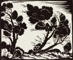 Windswept Trees by David Botha, linocut on paper, offered Oct 2024