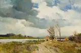 Groenvlei Landscape with Cottages by Errol Boyley, oil on canvas laid down on board, sold Oct 2024