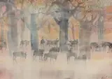 Gordon Vorster, Wildebeest and Baobab, watercolour on paper