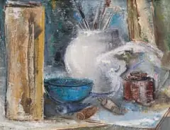 Still Life with Painting Tools by Cecil Higgs, oil on canvas, offered Oct 2024