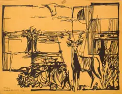Ernst de Jong, Composition with Kudu, woodblock