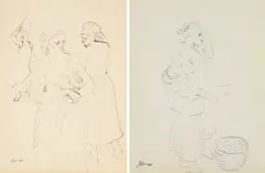Eugene Labuschagne, Women and Their Pots; Arnaud on Back, two, pen on paper