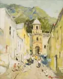 Terence McCaw, Pink Mosque Simon's Town, oil on canvas laid down on board