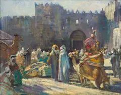 John Henry Amshewitz, Market Square Scene with Figures and Camels, oil on canvas laid down on board
