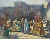 John Henry Amshewitz, Market Square Scene with Figures and Camels