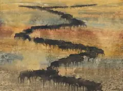 Landscape with Wildebeest by Gordon Vorster, oil on board, sold Oct 2024