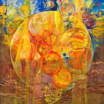 Rainer Ehlers, Untitled (Abstracted Landscape in Orange and Gold), mixed media with gold and silver leaf on board