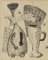 John Dronsfield, Abstract Composition with Figures and Pitcher, lithograph on paper