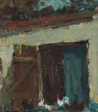 Farmhouse with Chickens by Adriaan Boshoff, oil on canvas laid down on board, offered Oct 2024