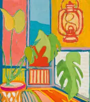 Arthur Edward Cantrell, Interior Scene with a Lamp and a Delicious Monster in a Pot, oil on canvas laid down on board