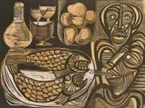 Cecil Skotnes, Figures with Fish, colour woodcut on paper
