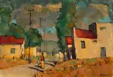 Anthony Strickland, Street Scene with Figures, oil on board
