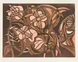 Cecil Skotnes, Abstract Figure and Flowers, woodcut on paper