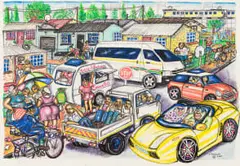 Thomas Motswai, Street Scene, colour pastel on paper