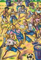 Thomas Motswai, Children Playing Football, colour pastel on paper