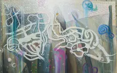 Robert Slingsby, Abstract White Purple and Blue Symbols, from the Petroglyph series, oil on canvas