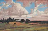 Ou Plaas Huis met Naderende Donder Wolke Wes TVL by Jacobus Hendrik Pierneef, oil on board, offered Oct 2024