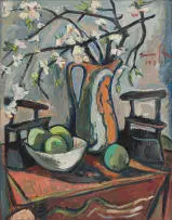Irma Stern, Still Life with Flat Irons, Apples and Blossoms in a Jug, oil on canvas
